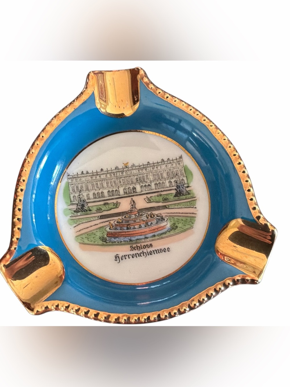 Vintage Bavaria Porcelain Ashtray Schloss Herrenchiemsee Blue & Golden Souvenir